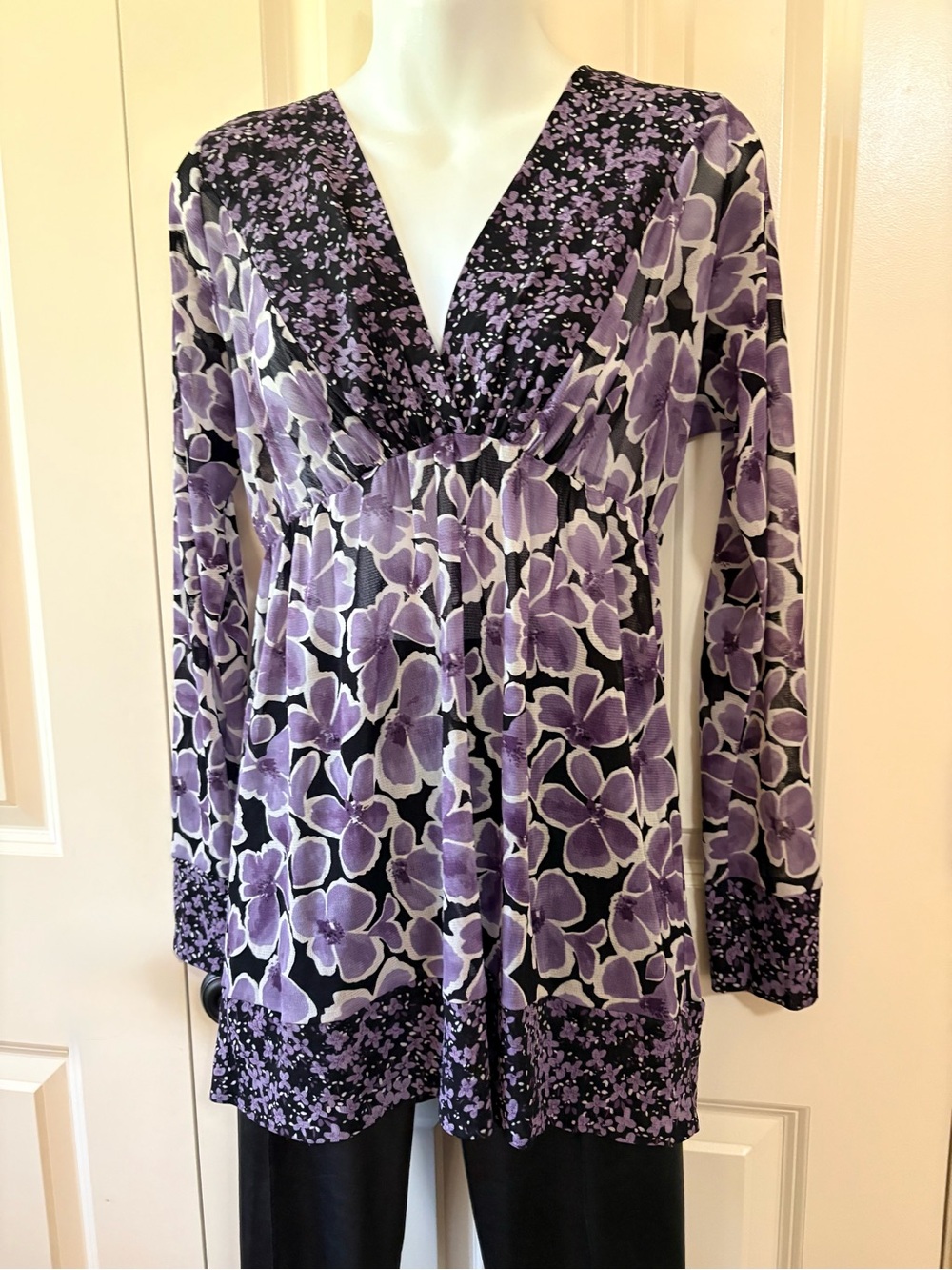 Purple Floral V-Neck Long Sleeve Tunic Dress, size XL